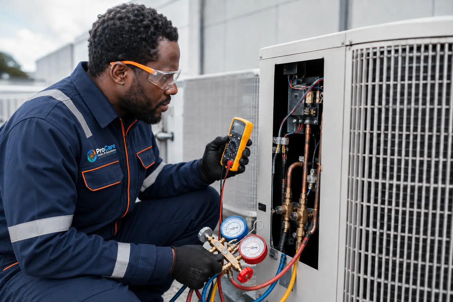 ProCare technician in branded uniform diagnosing an outdoor air-conditioning unit